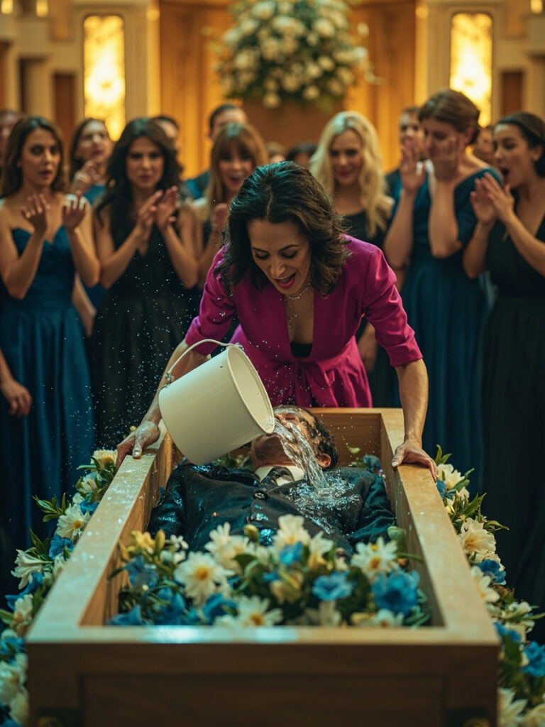 The woman walked up to her husband’s coffin and poured the contents of the bucket on his face.